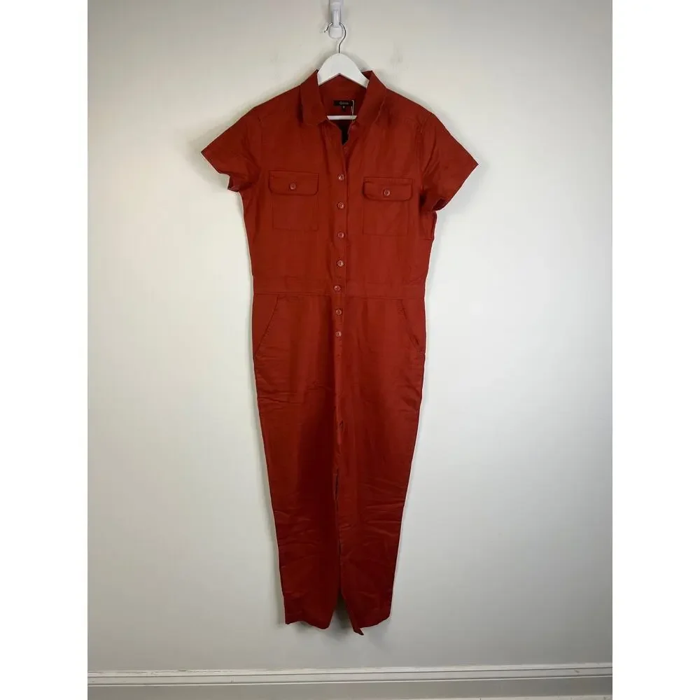 QUINCE Rust Red Cotton Linen Twill Short Sleeve Coverall Jumpsuit Medium